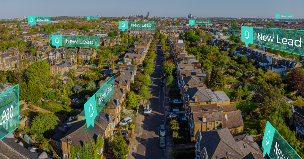 landscape shot of multiple houses with graphic title of "new lead" above them