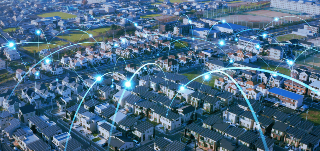 landscape shot of houses with graphic interlinks intertwining the houses